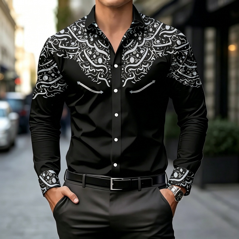 Mens Fashion Casual - Black and White Contrast Print Shirt,